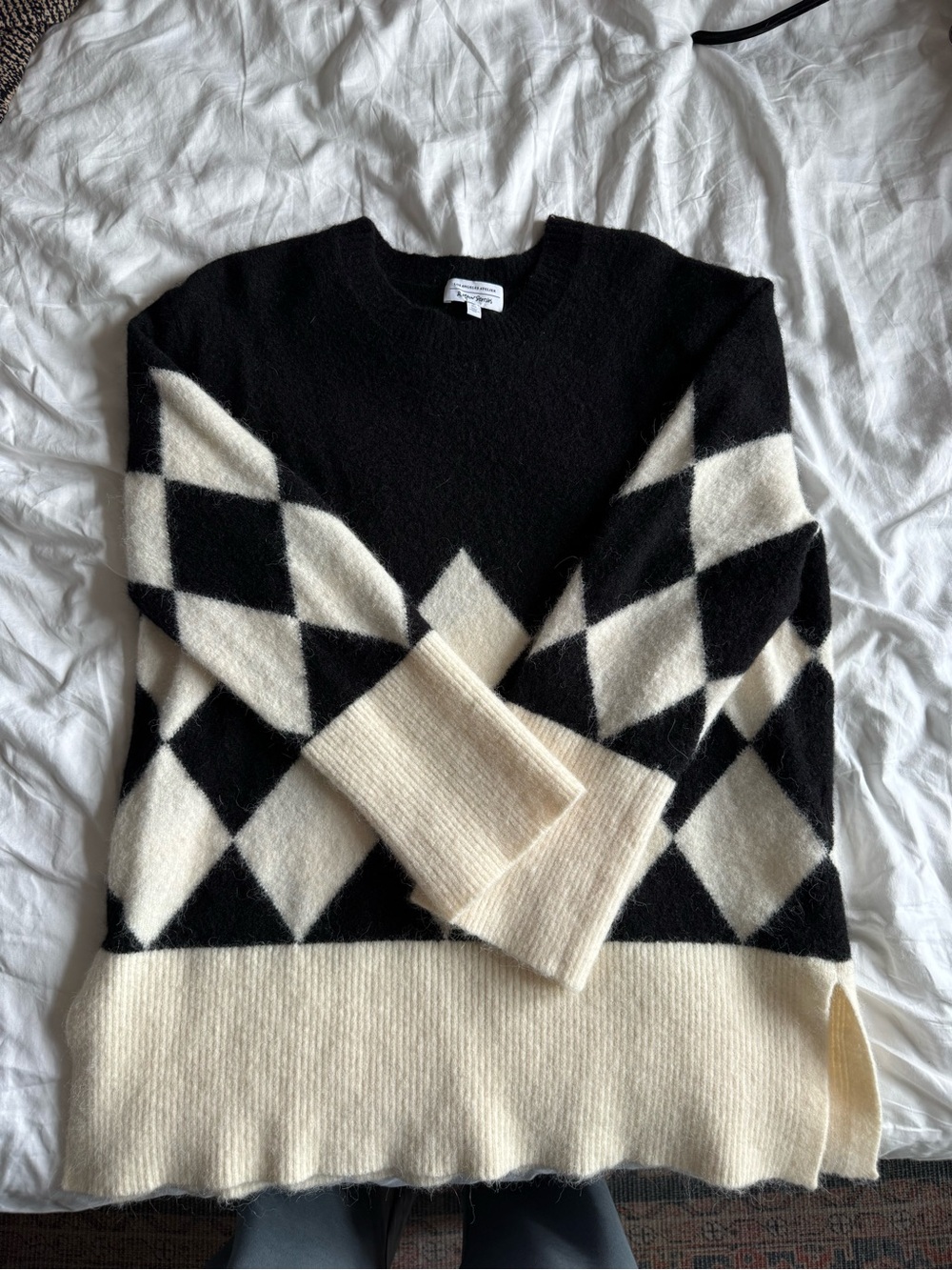 & Other Stories Black and Cream Argyle Alpaca Wool Blend Knit Sweater, size L